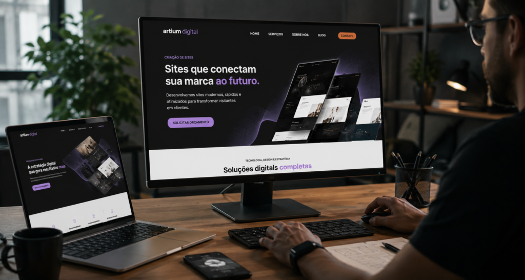 Profissional desenvolvendo site responsivo da Artium Digital em computador e notebook, com foco em criação de sites modernos e estratégicos.